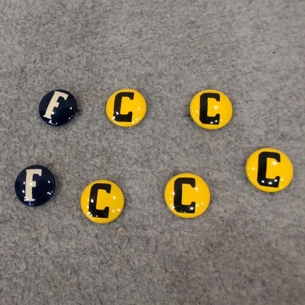 Vintage Block Letter Pinback Button Lot 7pc Blue F Yellow C Varsity Style Pins - Picture 1 of 2